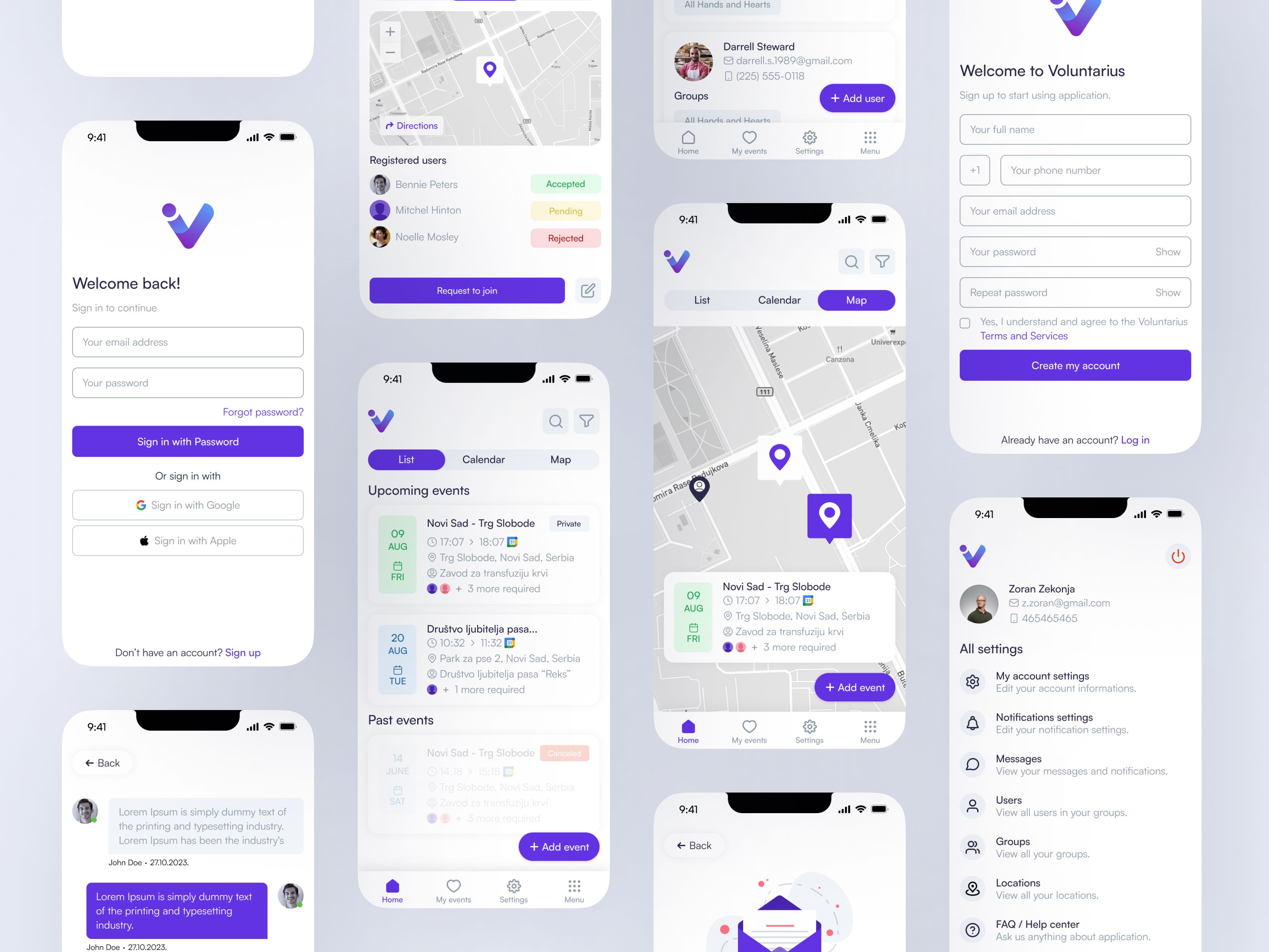 Voluntarius app screens showing login, event scheduling, map view, user management, and settings