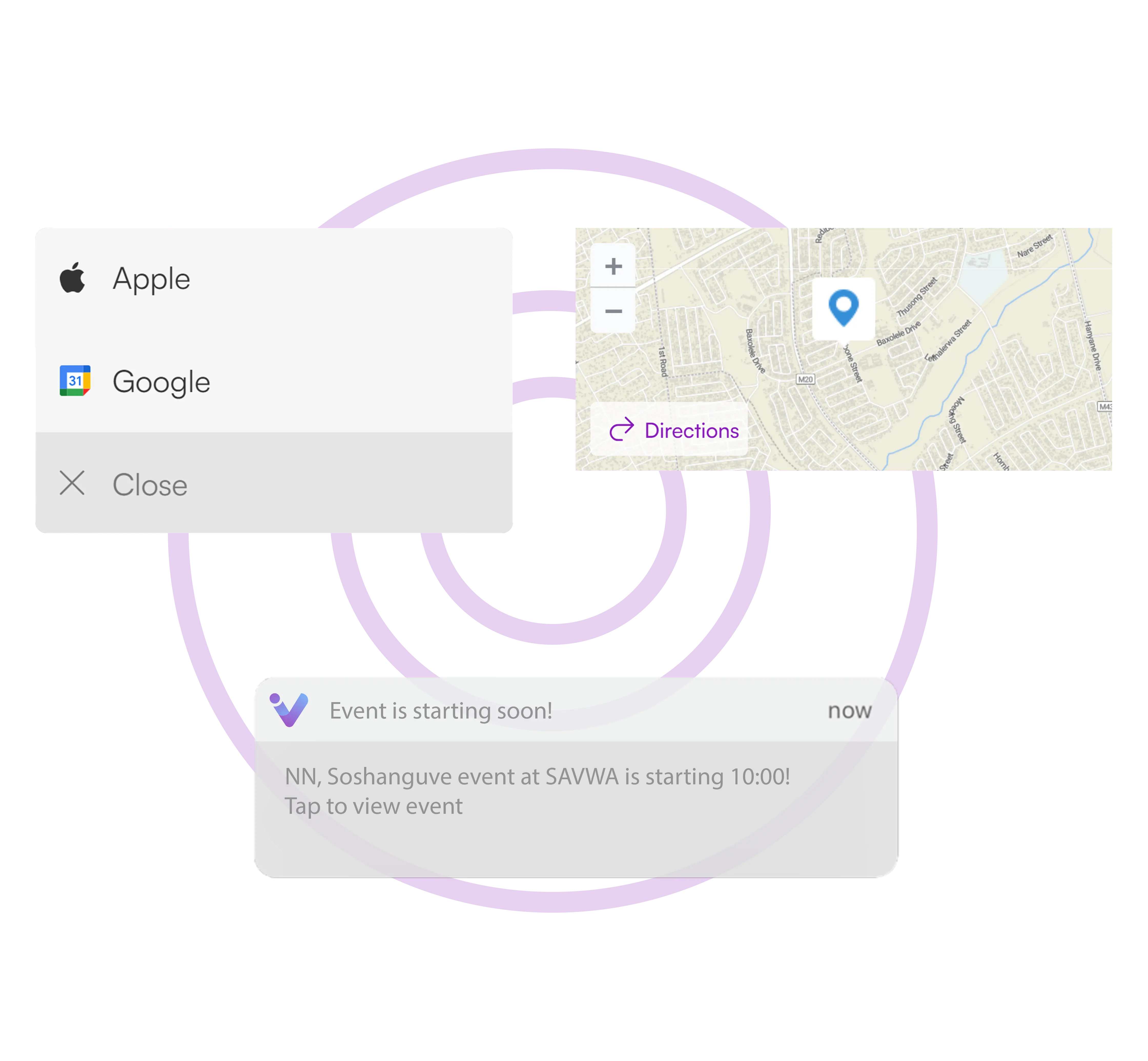 Volunteer management features including directions, calendar sync, and push notifications on mobile app